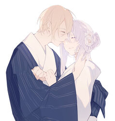  1boy ^_^ blonde_hair blue_kimono blush closed_eyes couple eyelashes female female_saniwa_(touken_ranbu) happy highres holding_another&#039;s_hair japanese_clothes kimono long_hair long_sleeves miyuki_(miyuki0529) profile purple_hair saniwa_(touken_ranbu) sidelocks silver_hair simple_background smile straight touken_ranbu upper_body very_long_hair white_background white_kimono yamanbagiri_chougi yamanbagiri_kunihiro 