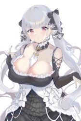  azur_lane bad_id bad_pixiv_id breasts cleavage commentary earrings female formidable_(azur_lane) frills grey_hair hair_ribbon highres jewelry kisahipi large_breasts long_hair red_eyes ribbon solo twintails two-tone_dress 