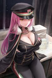  absurdres blush breasts cleavage commentary_request cowboy_shot cross female flag_print fur_collar gloves gold_trim hat heraldry highres hungarian_flag hungary jacket korean_commentary large_breasts lillly long_hair long_sleeves looking_at_viewer military_hat military_jacket military_uniform original pants pink_hair sitting solo two-barred_cross uniform very_long_hair yellow_eyes 