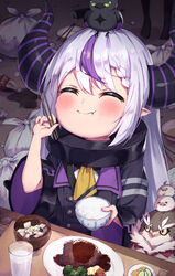  :t ^_^ absurdres animal animal_on_head bird bird_on_head black_dress blush bowl braid can chopsticks closed_eyes closed_mouth commentary_request crow crow_(la+_darknesss) cup demon_horns dress drinking_glass facing_viewer female food food_on_face ganmo_(takane_lui) hair_between_eyes highres holding holding_bowl holding_chopsticks hololive horns indoors la+_darknesss la+_darknesss_(1st_costume) long_hair long_sleeves masaki_(msk064) multicolored_hair on_head plate pointy_ears purple_hair rice rice_bowl soda_bottle spill streaked_hair trash_bag tsukune_(takane_lui) tsumire_(takane_lui) very_long_hair virtual_youtuber wide_sleeves 