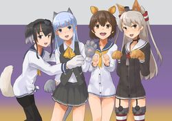  4girls amatsukaze_(kancolle) animal_ears animal_hands beaver_ears black_hair black_pantyhose blue_hair blue_sailor_collar bow bowtie brown_dress brown_eyes brown_hair cat_ears cat_tail commentary_request cowboy_shot dog_ears dog_tail dress dress_shirt garter_straps gloves green_eyes grey_hair grey_neckerchief grey_skirt grey_vest hair_tubes hatsukaze_(kancolle) highres hime_cut kantai_collection long_hair long_sleeves multiple_girls neckerchief open_mouth pantyhose paw_gloves pleated_skirt red_legwear round_teeth sailor_collar sailor_dress school_uniform shirt short_dress short_hair short_hair_with_long_locks sidelocks skirt smokestack_hair_ornament striped_clothes striped_thighhighs tail teeth thighhighs tokitsukaze_(kancolle) two_side_up upper_teeth_only vest white_dress white_sailor_collar yellow_bow yellow_bowtie yellow_neckerchief yukikaze_(kancolle) yuushou 