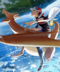  1boy bad_id bad_pixiv_id badge baseball_cap black_shirt blue_pants brown_hair charizard cloud coat commentary_request fingernails fire flame-tipped_tail hat highres male_focus nrmya pants pokemon pokemon_(creature) pokemon_masters_ex red_(pokemon) red_(sygna_suit)_(pokemon) riding riding_pokemon shirt shoes sleeveless sleeveless_coat sleeves_past_elbows upside-down 