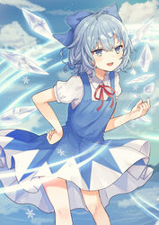  :d absurdres aerokinesis ahoge blue_bow blue_dress blue_eyes blue_hair blush bow breasts cirno cloud cloudy_sky commentary_request day dress feet_out_of_frame female hairbow hand_on_own_hip hand_up highres ice ice_wings leaning_forward looking_at_viewer neck_ribbon nokoki_(motioko5) open_mouth outdoors partial_commentary pinafore_dress puffy_short_sleeves puffy_sleeves red_ribbon ribbon short_sleeves sky sleeveless sleeveless_dress small_breasts smile snowflakes solo touhou tsurime wind wind_lift wings 