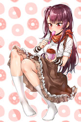  absurdres bandana blush breasts brown_skirt commentary_request dessert doughnut doughnut_print dulldull female fnc_(girls&#039;_frontline) food frilled_skirt frills full_body girls&#039;_frontline highres holding ice_cream kneehighs knees_up korean_commentary large_breasts long_hair looking_down one_side_up pink_theme pleated_skirt purple_hair red_bandana red_eyes shirt short_sleeves skirt socks solo spoon utensil_in_mouth wa2000_(girls&#039;_frontline) white_background white_legwear white_shirt 