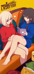  2girls absurdres antenna_hair barefoot blue_eyes blue_sweater book brown_hair chips_(food) commentary copyright_name couch food hair_ribbon hands_on_another&#039;s_leg heart highres holding holding_book inoue_takina long_hair long_sleeves lycoris_recoil multiple_girls nishikigi_chisato notice_lines on_couch open_book potato_chips reading red_eyes red_ribbon red_sweater ribbon shimmer short_hair sitting sweater symbol-only_commentary white_hair yuri 