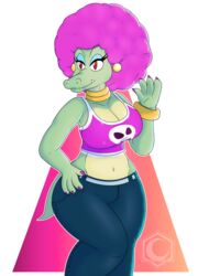  afro alpha_channel anthro breasts cleavage clothed clothing colored crescent-blue-zero donkey_kong_(series) ear_piercing ear_ring female hi_res kalypso kremling nintendo piercing ring_piercing scalie solo 