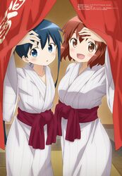  2girls :d :o absurdres arm_up artist_name bathrobe belt blue_eyes blue_hair blush breasts brown_eyes collarbone copyright_name cowboy_shot curtains eyebrows_hidden_by_hair flat_chest hair_between_eyes highres inokuma_youko kin-iro_mosaic knot komichi_aya konda_akane_(chiptune) lone_nape_hair long_hair looking_at_viewer looking_away looking_to_the_side medium_breasts megami_magazine mirror_twins multiple_girls muraho_miho official_art onsen_symbol open_mouth orange_hair ozeki_miyabi pinstripe_pattern pushing_away red_belt red_curtains short_hair smile striped studio_kanon tareme third-party_source translation_request twintails wide_sleeves 