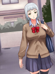  blazer blue_skirt bowtie breasts collared_shirt cowboy_shot female green_eyes highres large_breasts legs long_sleeves looking_at_viewer nightmare_express original outdoors over_shoulder school_bag school_uniform serious shimano_natsume short_hair skirt solo standing street thighhighs thighs walking white_hair zettai_ryouiki 