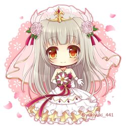  bare_shoulders blush bouquet bow bridal_veil brown_eyes chibi closed_mouth collarbone commentary dress female flower full_body gloves grey_hair hair_flower hair_ornament holding holding_bouquet long_hair loussier_ellerensia outstretched_arm petals pink_flower pink_rose purple_bow purple_ribbon ribbon rose shironeko_project smile solo strapless strapless_dress twitter_username veil very_long_hair wedding_dress white_dress white_flower white_gloves yukiyuki_441 