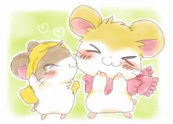  bedding blanket blush brown_body brown_fur closed_eyes cricetid duo female feral fur green_background hamster hamtaro_(series) mammal pashmina_(hamtaro) penelope_(hamtaro) rodent scarf simple_background white_body white_fur じっぽ 