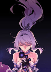  absurdres bare_shoulders black_flower black_gloves breasts closed_eyes closed_mouth collarbone commentary_request female floating_hair flower gloves hair_between_eyes hair_floating_upwards hair_ornament highres holding holding_flower honkai_(series) honkai_impact_3rd kiana_kaslana kiana_kaslana_(herrscher_of_finality) kucen_(kkucenn) long_hair medium_breasts pink_hair ponytail purple_flower sidelocks signature solo upper_body very_long_hair 