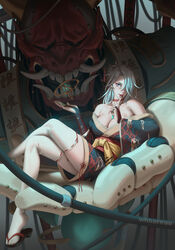  artist_name bare_shoulders blue_eyes breasts choker cleavage crossed_legs earrings female finger_to_mouth green_kimono grey_hair hair_over_one_eye highres japanese_clothes jewelry kimono lips long_hair looking_at_viewer magic nail_polish nose oni original red_choker red_sash sandals sash thighhighs white_legwear whoareuu 