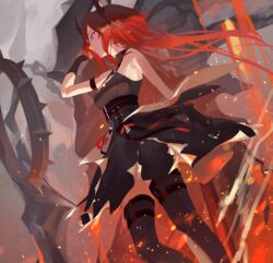  arknights arm_strap bare_shoulders black_dress black_gloves black_thighhighs dress embers feet_out_of_frame female gloves horns long_hair off_shoulder purple_eyes red_hair sleeveless sleeveless_dress solo standing surtr&#039;s_golem_(arknights) surtr_(arknights) thighhighs tmt very_long_hair 