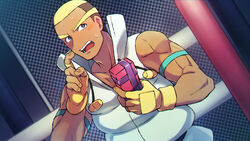  1boy biceps blonde_hair blush box brown_hair commentary_request fingerless_gloves fingernails gift gift_box gloves hands_up highres looking_away male_focus marshal_(pokemon) momoji_(lobolobo2010) multicolored_hair muscular muscular_male open_mouth pokemon pokemon_bw purple_ribbon ribbon sleeveless solo sweat teeth tongue two-tone_hair yellow_gloves 