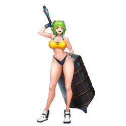  abs arm_up armpits ass_visible_through_thighs bikini breasts cleavage duplicate female fingerless_gloves full_body game_cg gloves green_hair hand_on_own_hip highres huge_weapon large_breasts last_origin looking_at_viewer mighty_r navel official_alternate_costume official_art open_mouth red_eyes shoes short_hair sima_(startwitch) smile sneakers solo sports_bikini sportswear swimsuit tachi-e thighs third-party_source toned transparent_background weapon weights 