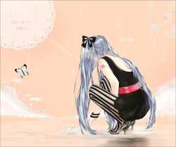  2011 backless_outfit balloon bare_tree beige_background belt black_border black_dress black_ribbon blue_hair border bracelet bug building butterfly cloud cloud_background commentary dated dress facing_away female floral_background flower full_body glow_(vocaloid) grass grey_footwear hair_over_face hair_ribbon hatsune_miku high_heels highres jewelry kitsuko_(2035575) long_hair number_tattoo outstretched_hand pantyhose paper_airplane patterned_background power_lines rain ribbon shadow shiny_skin short_dress shoulder_blades shoulder_tattoo simple_background sleeveless sleeveless_dress solo song_name squatting striped_clothes striped_pantyhose tattoo tree twintails two-tone_legwear vertical-striped_clothes vertical-striped_pantyhose vocaloid water_drop white_butterfly window 