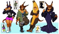  2023 5_fingers 5_toes absurd_res annoyed anthro banana_costume biceps black_hair boots bottomwear bracelet breasts brown_body brown_fur brown_hair brown_nails canid canine canis ceehaz cleavage clothed clothing colored_nails cosplay digit_ring dobermann dog_knight_rpg domestic_dog dress feet female finger_ring fingers food_costume footwear fur gundam:_iron_blooded_orphans hair hi_res humanoid_feet humanoid_hands jacket jewelry knee_pads mammal mikazuki_augus multiple_outfits muscular muscular_anthro muscular_female muscular_legs muscular_thighs nails pants pawpads piercing pinscher plantigrade quads red_eyes rory_(ceehaz) shirt shorts simple_background soles solo sopa_(wonderwaffle) spiked_bracelet spikes t-shirt thick_thighs toes tongue tongue_out tongue_piercing topwear white_background wide_hips yellow_sclera 