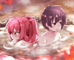  1boy ahoge autumn_leaves back-to-back bathing black_hair blush collarbone completely_nude couple dracu-riot! embarrassed female hair_between_eyes hakutocake highres hugging_own_legs long_hair looking_to_the_side mixed-sex_bathing mutsura_yuuto nose nude onsen open_mouth outdoors parted_lips ponytail red_hair shared_bathing short_hair sidelocks steam straight sweatdrop v-shaped_eyebrows very_long_hair wavy_hair yarai_miu yellow_eyes 