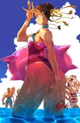  2girls 4boys andrewcockroach ass bandana bikini blanka chun-li competition_swimsuit crab earrings eyeliner highres inflatable_toy jewelry kasugano_sakura ken_masters makeup multiple_boys multiple_girls muscular muscular_male one-piece_swimsuit outdoors reflection reflective_water ryu_(street_fighter) scar street_fighter swimsuit tan tanlines wading water wet wet_hair zangief 