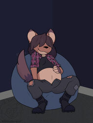  2023 absurd_res adobe_photoshop_(artwork) anthro bean_bag belly black_clothing black_nose black_shirt black_topwear boots bottomwear breasts brown_body brown_fur clothed clothing detailed_background digital_drawing_(artwork) digital_media_(artwork) female female_anthro footwear full-length_portrait fur grey_bottomwear grey_clothing grey_pants gulonine hair hair_over_eyes hi_res inside long_hair louise_(strayed) mammal marten mustelid musteline navel pants pattern_clothing pattern_shirt pattern_topwear pine_marten plaid plaid_clothing plaid_shirt plaid_topwear portrait pregnant raised_tail rolled_up_sleeves shaded shaking shirt sitting sleepysheepy17 smile soft_shading solo tail tan_body tan_fur topwear torn_bottomwear torn_clothing torn_pants trembling unzipped unzipped_pants zipper 