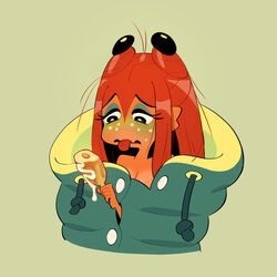  1:1 2022 anthro arthropod big_breasts breasts bumqbumq cleavage clothed clothing corndog crustacean disgust female food hair hermione_(kyu-bum_lee) hermit_crab hi_res kyu-bum_lee long_hair malacostracan marine mayonnaise orange_body orange_hair simple_background sleeping_bag solo tongue tongue_out 