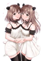  2girls :d animal_ears arm_strap bare_shoulders black_legwear blush breasts brown_eyes brown_hair camisole cleavage closed_mouth collarbone detached_collar frilled_camisole frills hair_between_eyes hair_ribbon hanafuda_sakura large_breasts long_hair looking_at_viewer medium_breasts medium_hair multiple_girls open_mouth original panda_ears panda_girl panda_tail pleated_skirt ribbon shorts siblings sidelocks signature simple_background skirt smile standing teeth thighhighs twins white_background white_camisole white_ribbon white_shorts white_skirt yuri 