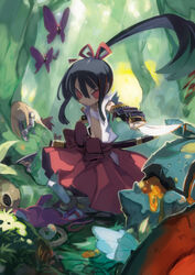  2girls armor black_hair blonde_hair bug bushidou_(sekaiju) bushidou_2_(sekaiju) butterfly commentary_request flat_chest forest hakama hakama_skirt harada_takehito highres holding holding_sword holding_weapon japanese_clothes katana long_hair lying monster multiple_girls nature outdoors paladin_(sekaiju) paladin_2_(sekaiju) ponytail red_eyes red_skirt sandals sarashi sekaiju_no_meikyuu sekaiju_no_meikyuu_1 sidelocks skirt snake sword weapon zouri 