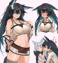  2girls :&lt; :d absurdres animal_ears arknights black_hair blaze_(arknights) blue_eyes blush breasts bright_pupils brown_skirt cat_ears cat_girl cat_tail closed_eyes closed_mouth collarbone commentary_request crop_top crying crying_with_eyes_open ears_down extra_ears grey_hair grey_thighhighs grin hairband heart highres jacket kaguura_(kagu) kissing kissing_hand large_breasts long_hair long_sleeves looking_at_viewer midriff miniskirt multiple_girls navel nose_blush oerba_yun_fang open_clothes open_jacket open_mouth parted_lips red_eyes red_hairband rejected_kiss resisting rosmontis_(arknights) shirt single_thighhigh skirt smile stomach tail tank_top tears thighhighs white_jacket white_shirt yuri 