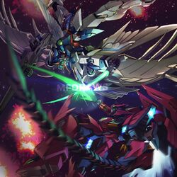  armor battle beam_rifle beam_saber brayanong999 buster_rifle clash energy_gun energy_sword feathers fighting glowing glowing_eyes green_eyes gundam gundam_epyon gundam_wing gundam_wing_endless_waltz highres holding holding_weapon mecha mechanical_wings no_humans robot science_fiction sword v-fin weapon whip wing_gundam_zero_custom wings 