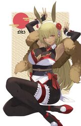  2023 absurdres alternate_costume animal_ears armpits arms_up blonde_hair breasts bridal_gauntlets cleavage_cutout clothing_cutout commentary crossed_legs dark-skinned_female dark_skin detached_sleeves egasumi fake_animal_ears female fire_emblem fire_emblem:_the_binding_blade flower fur_shawl hair_flower hair_ornament hairband highres igrene_(fire_emblem) kojitsunagi_(pattern) large_breasts lipstick long_hair looking_at_viewer makeup pantyhose playboy_bunny rabbit_ears rabbit_tail red_footwear red_lips ritence shawl sitting smile solo stole symbol-only_commentary tail thigh_strap v 