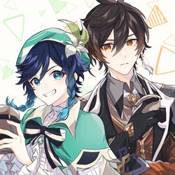  2boys androgynous beer_mug beret black_gloves black_hair blue_hair bow braid brooch brown_hair closed_mouth collared_cape collared_shirt commentary_request cup earrings eyeliner eyeshadow flower formal frilled_sleeves frills gem genshin_impact gloves gradient_hair green_eyes green_headwear grin hair_between_eyes hat hat_flower highres holding holding_cup jacket jewelry leaf long_hair long_sleeves looking_at_another looking_at_viewer makeup male_focus mizuamememe mug multicolored_hair multiple_boys necktie open_mouth red_eyeshadow shirt short_hair_with_long_locks sidelocks simple_background single_earring smile suit tassel tassel_earrings teeth triangle twin_braids venti_(genshin_impact) vest white_background white_flower white_shirt yellow_eyes zhongli_(genshin_impact) 