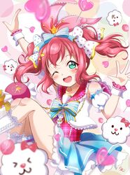  ;d arms_up bare_arms bare_legs bare_shoulders blue_skirt blush boots candy commentary detached_sleeves facial_tattoo feet_out_of_frame female floating_hair food frilled_skirt frills green_eyes heart heart-shaped_lollipop heart_tattoo highres jumping kurosawa_ruby lollipop looking_at_viewer love_live! love_live!_sunshine!! one_eye_closed open_mouth pink_hair puffy_short_sleeves puffy_sleeves ranemu shaped_lollipop shirt short_hair short_sleeves signature skirt smile solo tattoo teeth twintails upper_teeth_only white_footwear white_shirt wrist_cuffs 