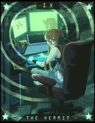  ahoge arms_up bangs bare_shoulders barefoot bedroom behind-the-head_headphones black_tank_top blunt_bangs book calling_card cargo_pants chair computer computer_tower desk fanny_pack female glasses glowing grey_legwear headphones highres hime_cut keyboard_(computer) leaning_forward long_hair looking_at_viewer looking_back looking_to_the_side monitor office_chair orange_hair p5arcanazine pants paper persona persona_5 photo_(object) purple_eyes sakura_futaba screen screen_light sitting solo star_(symbol) tank_top tarot tarot_arcana the_hermit_(tarot) thick_eyebrows turning_head v_arms 