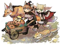  2girls alternate_costume alternate_hairstyle animal animal_ears bangs blonde_hair boots braid braided_ponytail brown_eyes brown_hair cape cart commission creature_and_personification extra_ears eyebrows_visible_through_hair fangs fox fox_ears fox_girl fox_tail hat highres igarashi_(nogiheta) jack-o&#039;-lantern kemono_friends long_hair lucky_beast_(kemono_friends) maned_wolf_(kemono_friends) medium_hair midriff multicolored_hair multiple_girls navel open_mouth pantyhose pumpkin pushing pushing_cart running shirt shoes sidelocks single_braid skeb_commission skirt stomach tail tibetan_fox_(kemono_friends) two-tone_hair vampire_costume white_hair witch_hat wolf wolf_ears wolf_girl wolf_tail yellow_eyes 