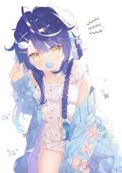  amamiya_kokoro blue_hair blue_jacket braid brown_eyes camisole commentary_request female hair_between_eyes hair_ornament hairclip hand_up heart heart_print jacket long_hair long_sleeves looking_at_viewer nijisanji off_shoulder open_clothes open_jacket print_camisole print_shorts puffy_long_sleeves puffy_sleeves ring_pop short_shorts shorts simple_background single_braid sleeves_past_wrists solo very_long_hair virtual_youtuber white_background white_camisole white_shorts x_hair_ornament yuizaki_kazuya 