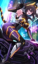  armpits ass bare_shoulders black_gloves black_hair blush bodysuit breasts covered_navel duel_monster female from_side gloves hair_ornament hand_up highres i:p_masquerena large_breasts long_hair looking_at_viewer motor_vehicle motorcycle neon_lights official_alternate_costume one_eye_closed open_mouth purple_eyes smile solo tail thighs v xiujia_yihuizi yu-gi-oh! 