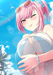  :p absurdres ball beachball bikini bird blue_sky blush bracelet breast_press breasts choker cleavage closed_mouth cloud day eyewear_on_head female hair_ornament hair_scrunchie highres holding holding_ball holding_beachball jewelry large_breasts lens_flare looking_at_viewer mole mole_under_mouth navel one_eye_closed original outdoors pink_eyes pink_hair ponytail sakamata_(sakamata4) scrunchie seagull short_hair sky smile solo sunglasses swimsuit tongue tongue_out upper_body white_bikini white_choker 