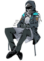  1other ambiguous_gender arknights black_coat black_footwear black_gloves black_mask black_pants chinese_commentary chinese_text coat commentary_request doctor_(arknights) full_body gloves grey_shirt hands_on_lap highres hood hood_up hooded_coat ling_s looking_at_viewer open_clothes open_coat own_hands_together pants shirt simple_background sitting solo translated white_background 