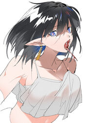  arknights bare_arms bare_shoulders black_hair blue_eyes breasts camisole chinese_commentary cleavage collarbone commentary_request crop_top earrings eunectes_(arknights) fangs female forked_tongue highres jewelry large_breasts ling_s looking_at_viewer monster_girl pointy_ears short_hair simple_background solo spaghetti_strap tongue upper_body white_background white_camisole 