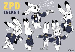  2017 anthro badge bodily_fluids buckteeth closed_eyes clothed clothing dialogue dipstick_ears disney duo ear_markings english_text female fur gesture grey_background gun hand_gesture hand_in_pocket holding_gun holding_object holding_ranged_weapon holding_weapon judy_hopps lagomorph leporid looking_at_viewer looking_back mammal multicolored_ears multiple_poses open_mouth pockets pointing police police_uniform pose rabbit ranged_weapon rear_view restricted_palette rikuta_tp running simple_background smile sweat teeth text uniform weapon zootopia 