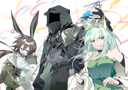  1other 2girls ambiguous_gender amiya_(arknights) animal_ear_fluff animal_ears aqua_eyes arknights black_choker black_gloves black_jacket black_pants blood blood_bag blurry blurry_background brown_hair cat_ears chest_strap chinese_commentary choker closed_mouth collared_shirt commentary_request doctor_(arknights) dress gloves green_dress green_eyes green_hair green_jacket green_shirt grey_shirt hair_between_eyes highres hood hood_up inflatable_rabbit inflatable_toy jacket kal&#039;tsit_(arknights) ling_s long_hair long_sleeves looking_at_viewer mounten multiple_girls official_alternate_costume open_clothes open_jacket open_mouth pants rabbit_ears shirt sleeveless sleeveless_dress smile streamers white_background white_jacket 