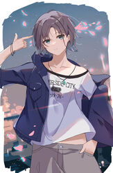  asakura_toru bare_shoulders blue_eyes collarbone female highres idolmaster idolmaster_shiny_colors jacket jewelry necklace outdoors pants petals purple_hair serika shirt short_hair solo very_short_hair 