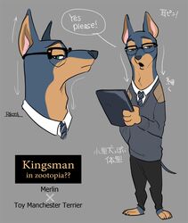  alternate_species anthro barefoot biped canid canine canis clipboard clothing crossover disney domestic_dog english_text eyewear feet glasses holding_clipboard holding_object japanese_text kingsman_the_secret_service male mammal merlin_(kingsman) necktie open_mouth rikuta_tp solo sweater text topwear translated zootopia 