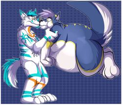  anthro atris_trinity belly big_belly big_feet big_legs big_tail canid canine canis domestic_dog duo eye_contact fatalsyndrome feet floating fluffy holding_shoulders husky inflation kiss_on_lips kissing looking_at_another looking_away male male/male mammal nordic_sled_dog puffkiss smile spitz standing tail wolf zinski 