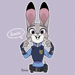  2017 4_fingers anthro badge belt belt_pouch big_eyes buckteeth bulletproof_vest clothed clothing dialogue dipstick_ears disney dotted_background ear_markings english_text female fingers front_view fur gesture grey_body grey_fur half-length_portrait hand_gesture judy_hopps lagomorph leporid long_ears mammal multicolored_ears outline pattern_background pink_nose pointing pointing_at_head pointing_at_self portrait purple_eyes rabbit rikuta_tp shirt simple_background smile solo speech_bubble talking_to_viewer teeth text toony topwear white_body white_fur wrist_guards zootopia 