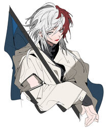  1boy arknights black_shirt blue_flag chinese_commentary coat commentary_request cropped_torso elysium_(arknights) feather_hair flag from_side grey_eyes grey_hair highres holding holding_flag ling_s long_sleeves looking_at_viewer male_focus medium_hair multicolored_hair open_mouth red_hair shirt simple_background solo streaked_hair tongue upper_body white_background white_coat white_hair 