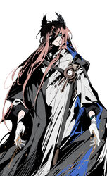  1boy absurdres arknights black_cloak blue_eyes bright_pupils chinese_commentary cloak coat commentary_request feather_hair feet_out_of_frame forehead_jewel gloves highres ling_s long_hair looking_at_viewer male_focus parted_lips passenger_(arknights) pink_hair red_pupils shaded_face simple_background solo white_background white_coat white_gloves white_pupils 