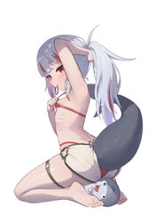  absurdres armpits back barefoot bikini bikini_pull bikini_under_clothes bikini_under_shorts bloop_(gawr_gura) blush breasts clothes_pull cosplay dark_persona feet female fins fish_tail gawr_gura gills grey_shorts highres hirotaka0125 hololive hololive_english houshou_marine houshou_marine_(cosplay) houshou_marine_(summer) legs looking_at_viewer multicolored_hair ponytail red_bikini red_eyes reflect_(gawr_gura) shark_girl shark_tail shiny_skin shorts simple_background small_breasts soles solo streaked_hair swimsuit tail tail_raised thigh_strap thighs toes virtual_youtuber white_background 