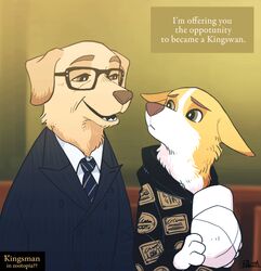  alternate_species anthro bird_dog canid canine canis clothing crossover dialogue disney domestic_dog duo eggsy_unwin english_text eyewear glasses harry_hart hat headgear headwear herding_dog humor hunting_dog kingsman_the_secret_service male mammal necktie open_mouth pastoral_dog pun retriever rikuta_tp smile suit text welsh_corgi zootopia 