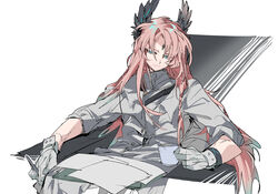  1boy :| arknights armchair blue_eyes bright_pupils chair chinese_commentary closed_mouth coffee_mug commentary_request cup expressionless feather_hair forehead_jewel gloves highres holding holding_cup infection_monitor_(arknights) jacket ling_s long_hair looking_at_viewer male_focus mug passenger_(arknights) pink_hair red_pupils simple_background sitting sleeves_rolled_up solo white_background white_gloves white_jacket white_pupils 